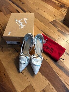 Christian Louboutin Silver Pointed Toe Strappy Slingback Heels Size 37 (6.5)